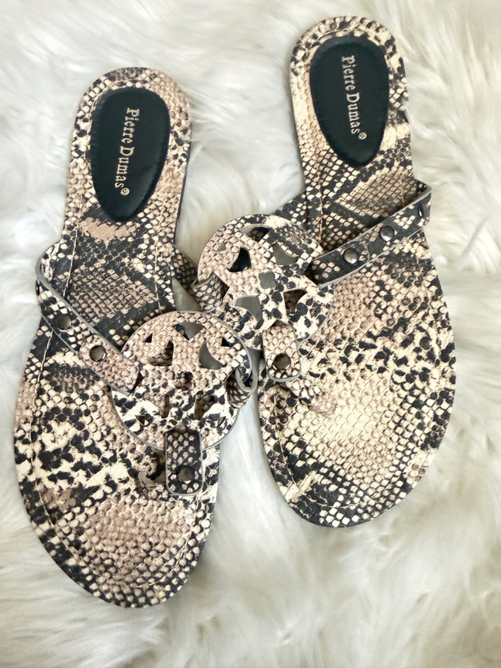Pierre Dumas Snake-Print Slide Sandals in Beige and Black